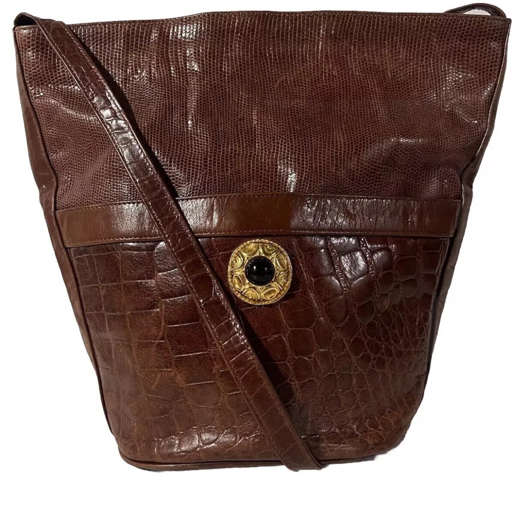 Joseph B. Exclusive Vintage Embossed Caramel Brown Leather Medium Bucket Bag